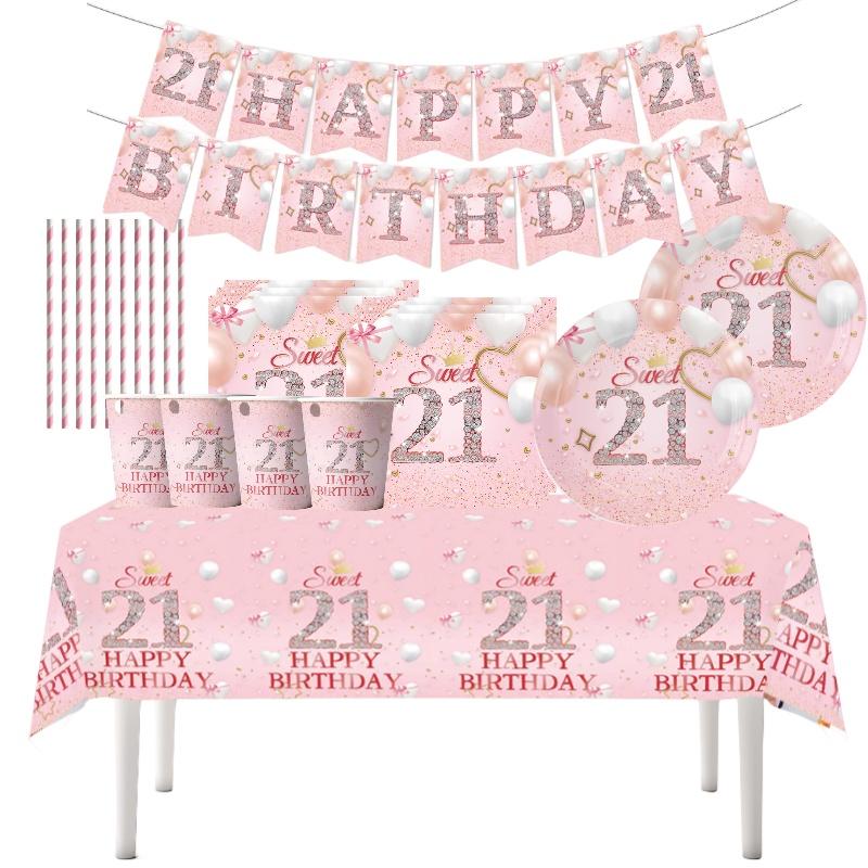 Disposable Party Supplies For 21st Birthday Pink Plates Cups Napkins And Tablecloth Set