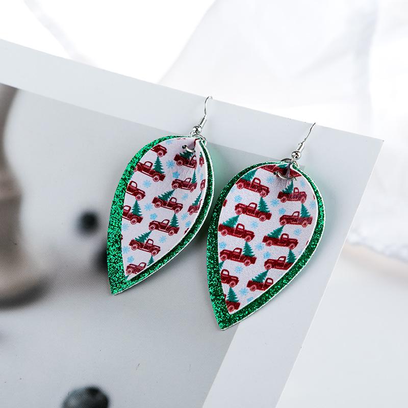 European & American Christmas Tree Red Car Sequin Leather Earrings - Holiday Style Leaf Design