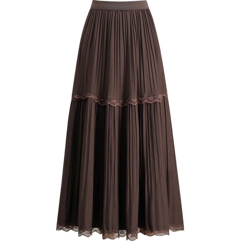 Autumn 2025 Korean-Style Lace Patchwork Pleated Skirt for Women with Elastic Waist