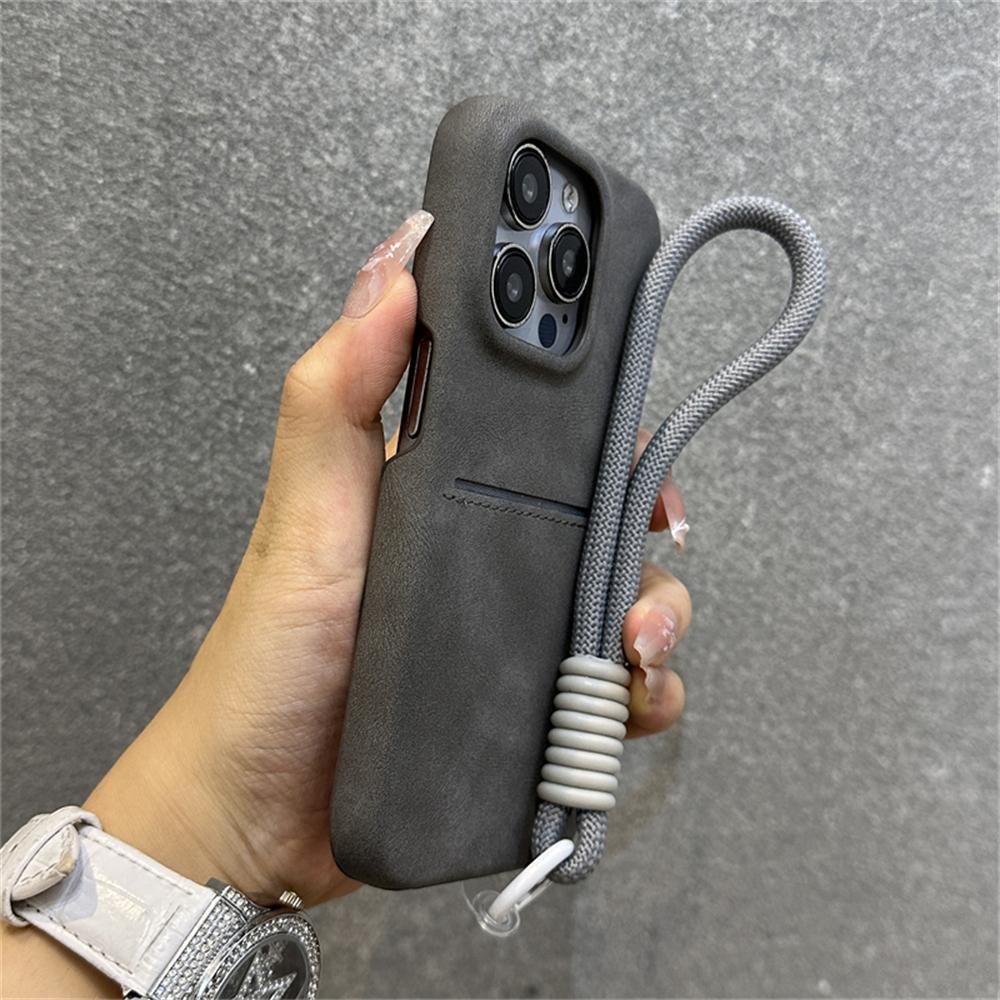 Luxury Suede Wallet Wrist Strap Rope Lanyard Card Holder Phone Case For iPhone 16 12 13 14 15 Pro Max Plus Cowhide Leather Cover