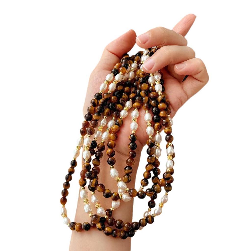 Vintage High Quality Natural Freshwater Pearl Natural Tiger'S Eye Stone Clavicle Chain Maillard Style Necklace