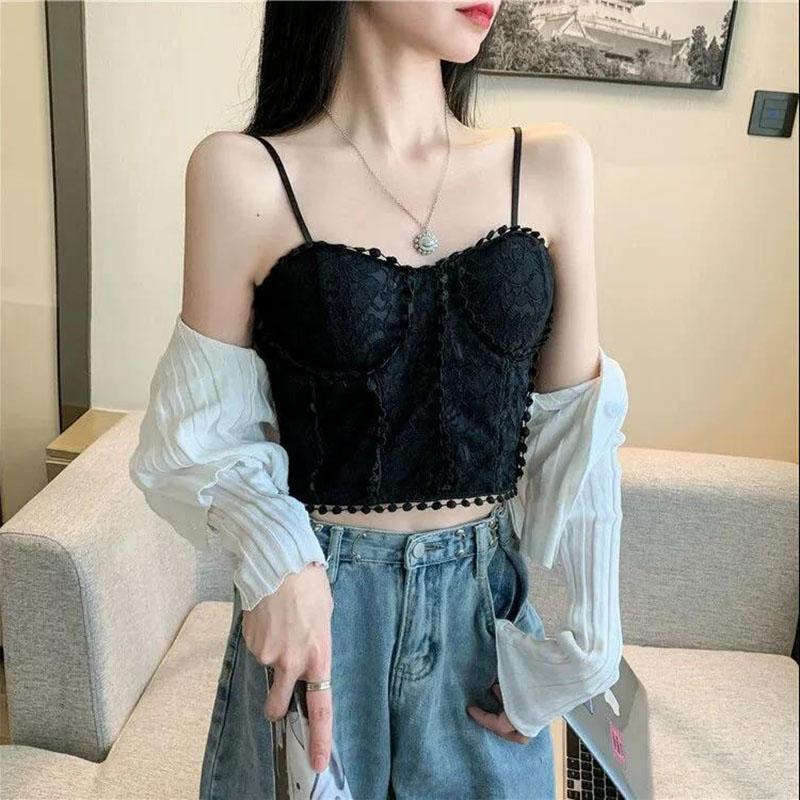 Lace Embroidery Flower Elastic Back One-Piece Tank Tops Crop Tops Women Thin Camis Wrap Chest Tube Top Summer Thin Top