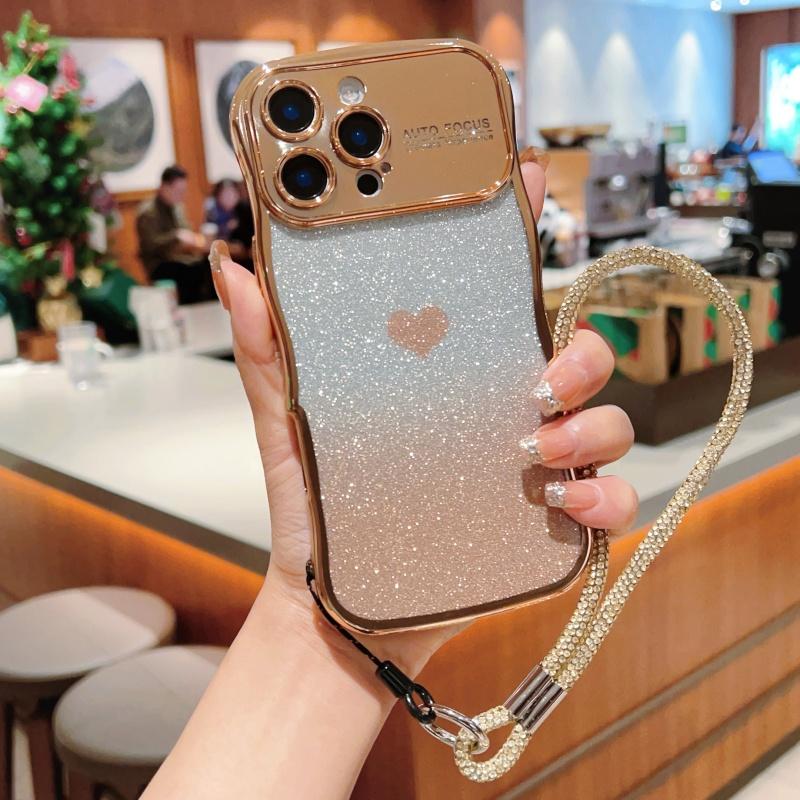 For iPhone 16 Pro Max Case with Strap Electroplating TPU Phone Cover Love Heart Gradient Glitter