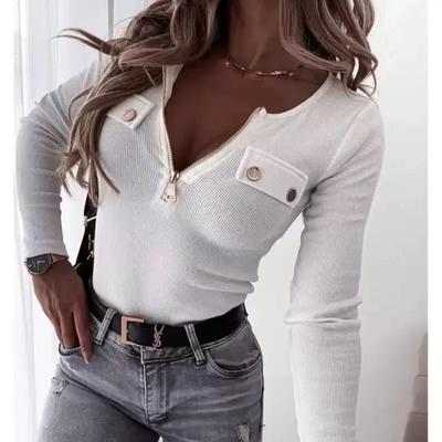 Modisches gestricktes Langarm-T-Shirt mit Reißverschluss, schmal geschnitten, einfarbig, Bluse, einfach, elegant, Frühling, Sommer, Freizeit, einfache Oberteile, Basic-Shirts