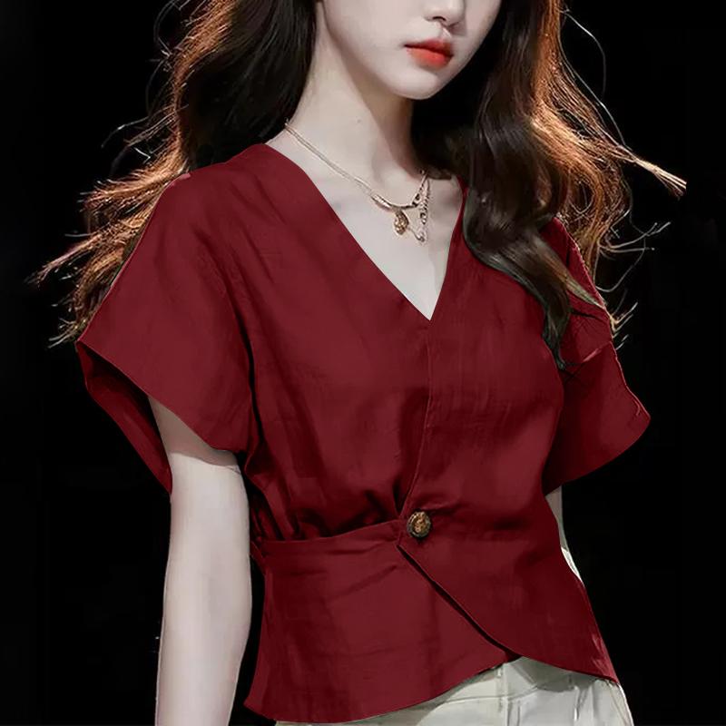 

ZANZEA Женская повседневная блузка с V-образным вырезом, свободного кроя, с коротким рукавом, летняя 5XL вино красного