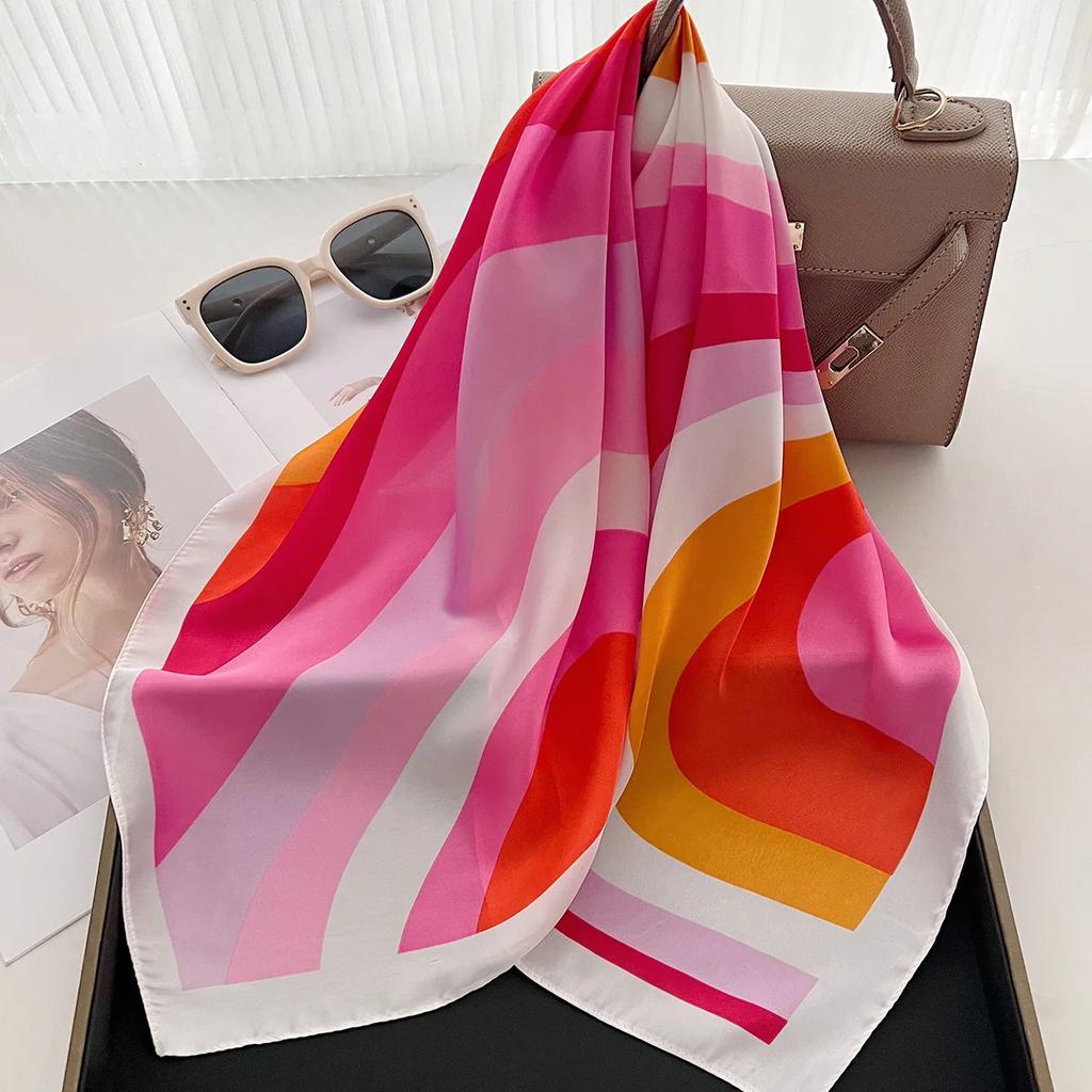 Imitation Silk Striped Print Square Scarf For Women, Bandana Decorative Scarf,Hair Band,Head Band For Dressing Up Your Look