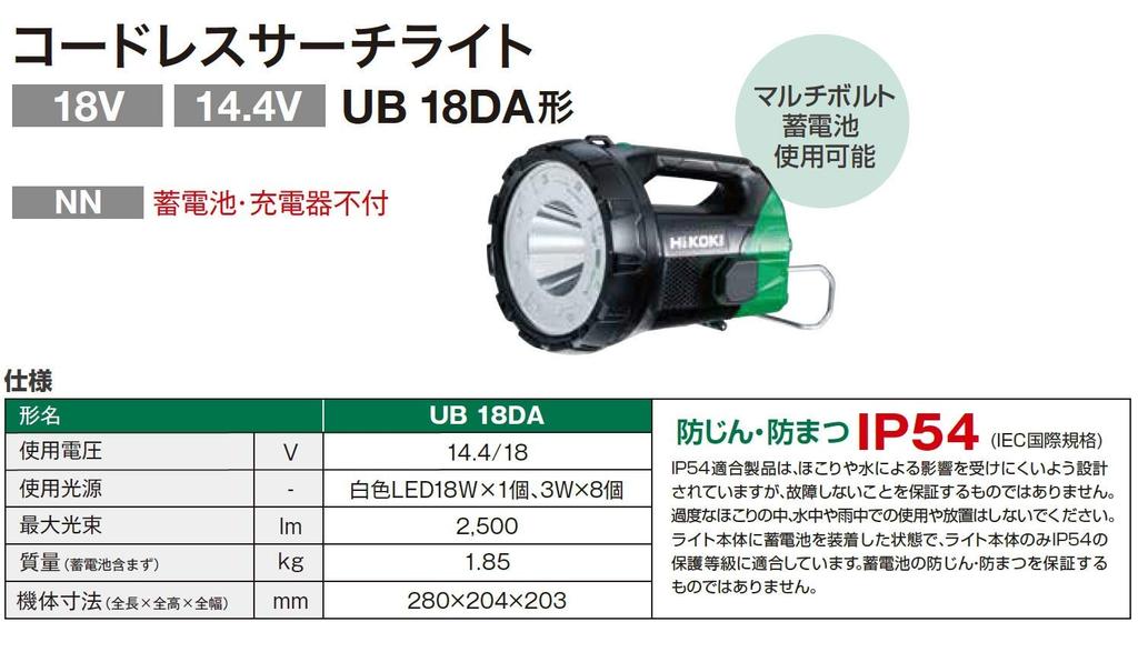 HiKOKI Cordless Searchlight and Charger Sold 28cm Deep X High X Wide (Battery Separately) UB18DA(NN) Dimensions 20.4cm 20.3cm