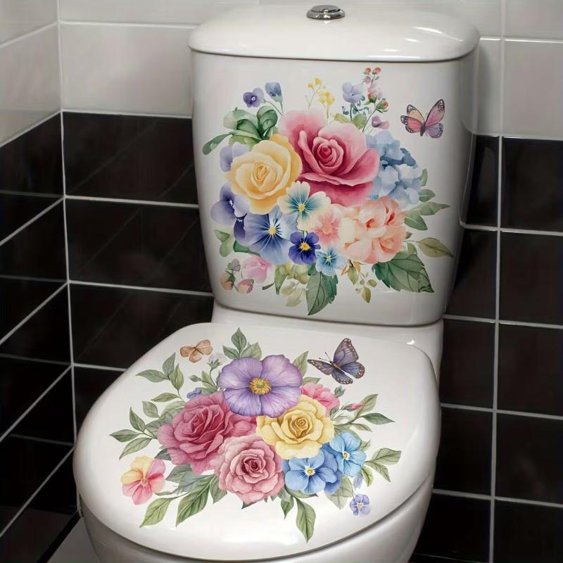 Floral Toilet Sticker Waterproof Easy to Clean Self-Adhesive Toilet Lid Wall Decal for Home Bathroom Decor