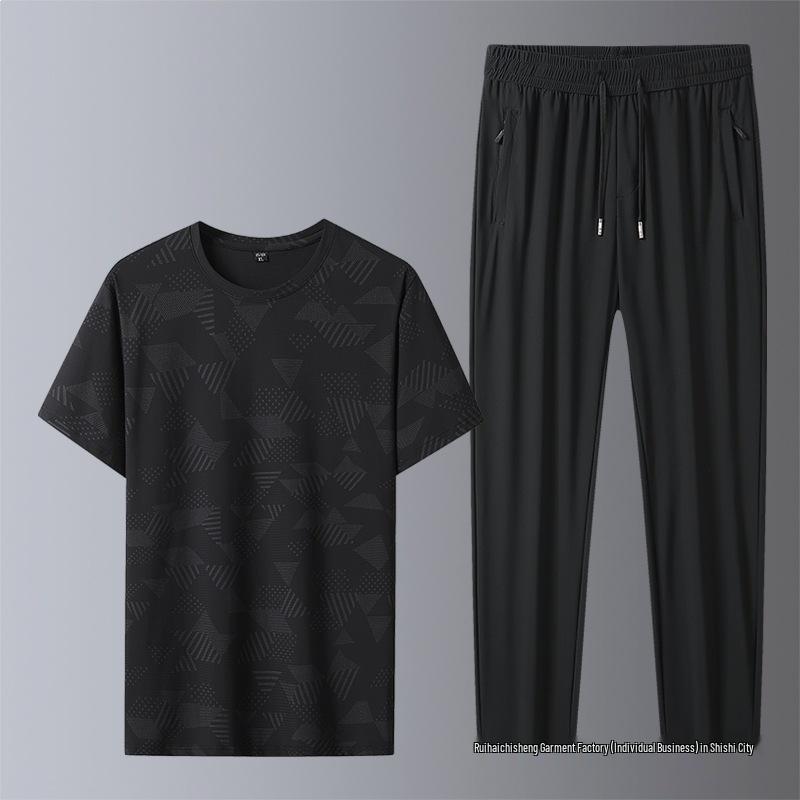 2026 Summer Ice Silk Quick-Dry Sports Casual Set: Round Neck T-Shirt & Straight Leg Pants