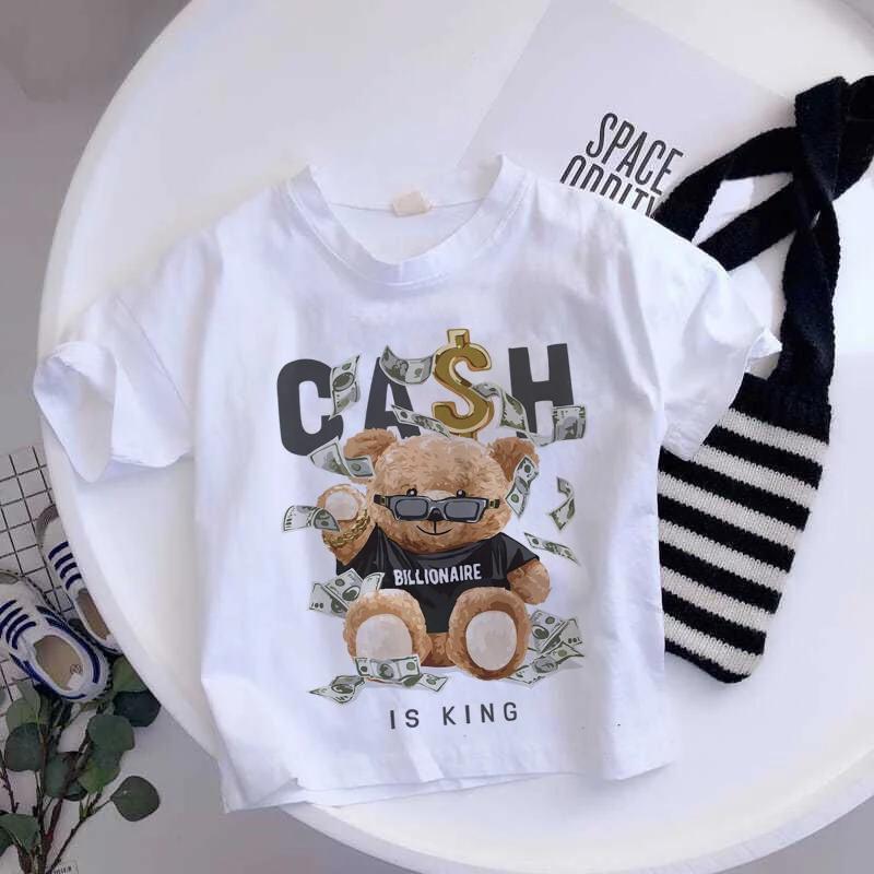 Girls Fashionable Pure Cotton TShirt with Teddy Bear Cartoon Pattern Summer Clothing Fun Childrens Wear Y2K Style