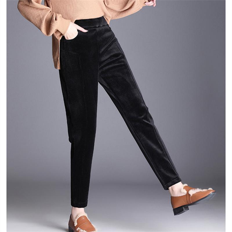 Autumn Winter Women Solid Color Pant Casual Elastic High Waist Straight Leg Trousers LooseCorduroy Warm Thick Haren Pants Female