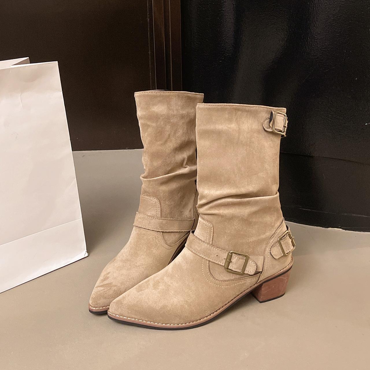 Версия из коровьей кожи супер тонкие ботинки Мартина женские толстый каблук тонкие короткие западные ковбойские ботинки хаки острый носок на меху 42 хаки 4480₽