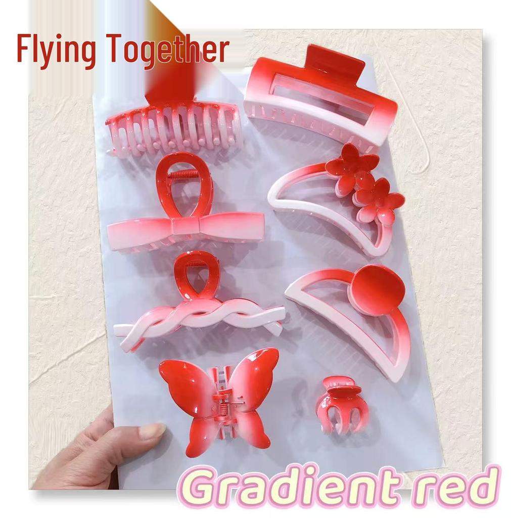 Gradient Pink 8-Piece Large Claw Clips Set for Women - Colorful, High Ponytail, Square and Cross Designs