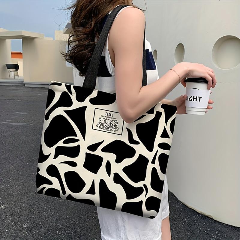 Large Capacity Black Tote Bag with Milk Pattern Bear Design Casual Fabric Shoulder Bag with Zipper Closure and Fixed Straps for College Students
