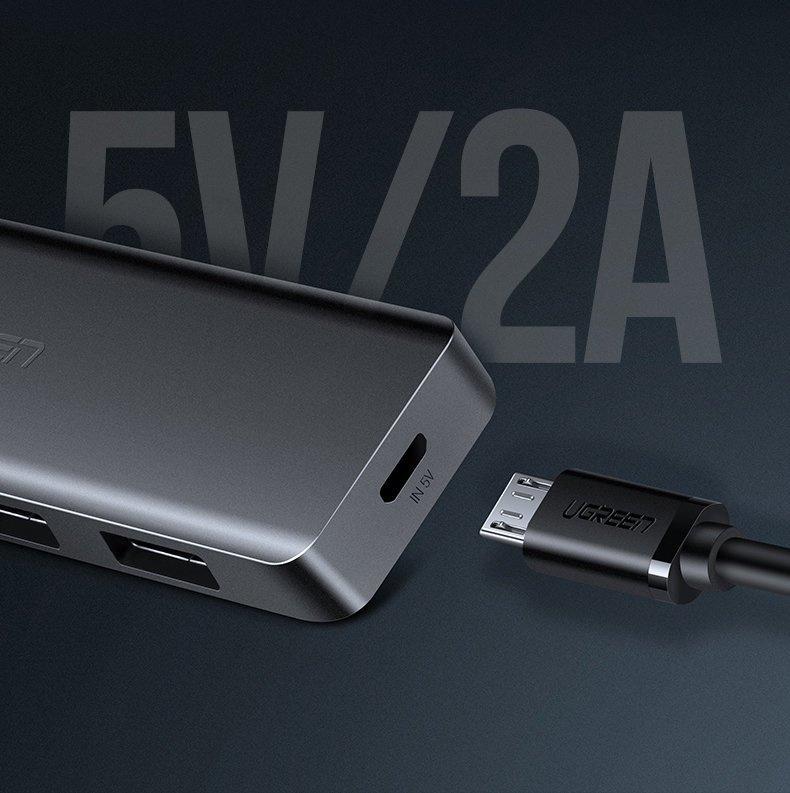 Ugreen 4-Port USB 3.2 Gen 1 Hub with Micro USB Power, Gray - Model CM219 50985