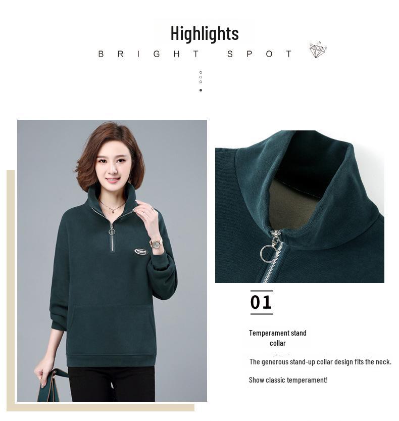 Women's Plus Velvet Thickened Half-Zip Pullover - 2023 Autumn/Winter Fashionable Loose Stand-Up Collar Sweatshirt