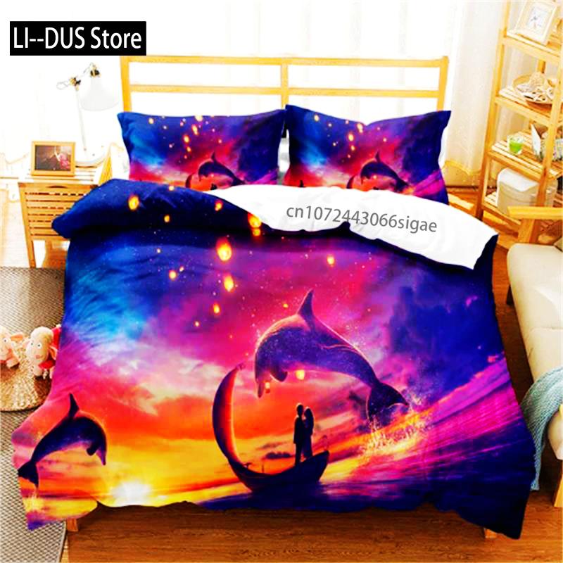 Hot Dolphin Bedding Sets Anime Sea HD Dolphin Bedspread For Teens Girls Fashion Twin Single Queen King Full Size Duvet Cover