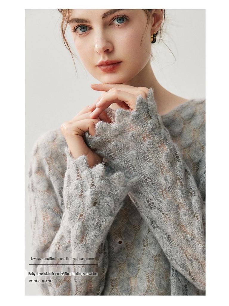 Hollow-Out Feather Design Women's Cashmere Knitwear Top - Lightweight Spring & Autumn Sweater