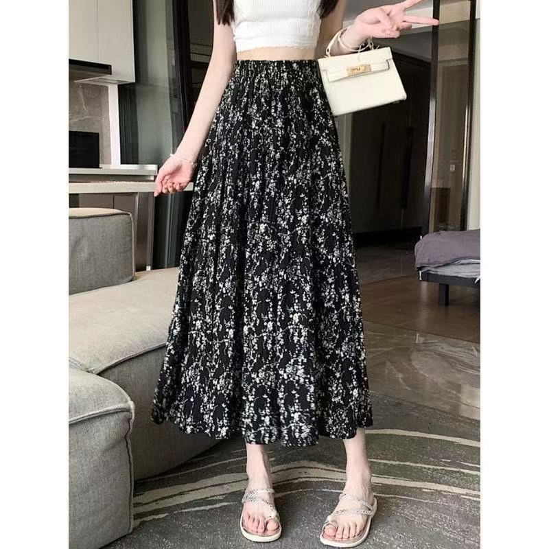 Summer Chiffon Floral High-Waist Slim Fit Midi Skirt - Versatile A-Line Flared Design Elegant Tiered Ruffles Breathable Lightweight Fabric