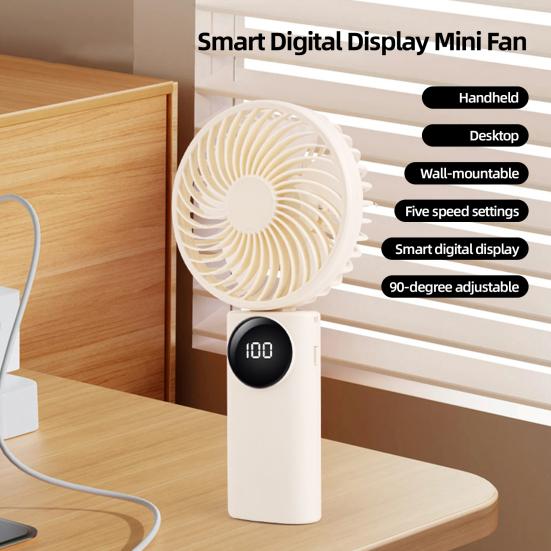 Portable Handheld Mini Fan 1200mAh Rechargeable 5 Speeds Personal Travel Fans with Digital Display 90 Degree Foldable Desk Fan for Outdoor