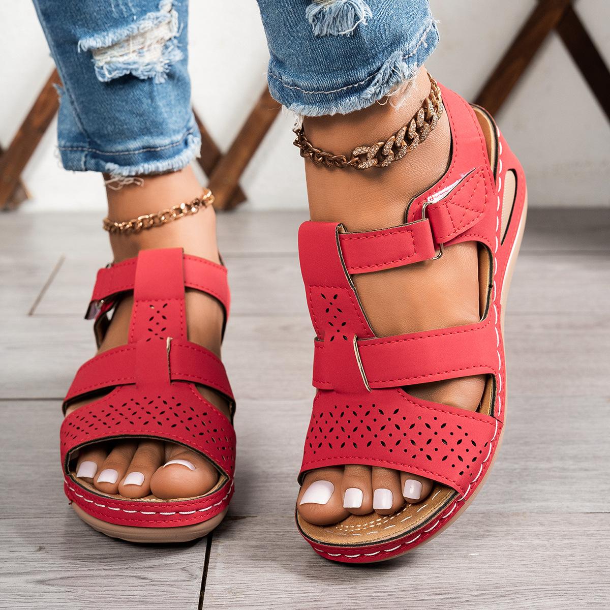 

Thick-soled Plus-size Women s Sandals New Solid Color Cross-stitched Wedge Beach Women s Slippers 42 красный