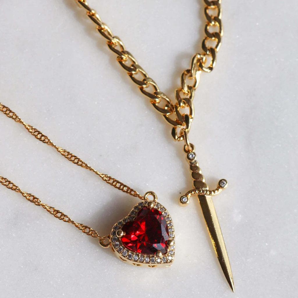 Gold Red Crystal Heart Dagger Pendant Layered Necklace Heart And Sword Necklace For Valentine's Day Couple