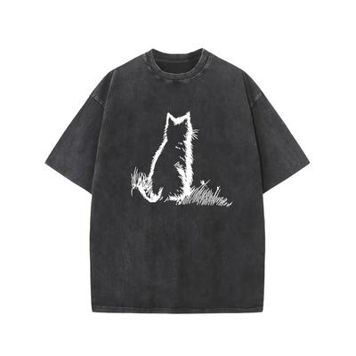 European Size Men's Cotton T-Shirt | Vintage Cat Print | Breathable, Machine Washable | Round Neck, Regular Fit | All-Season Street Style Tee Top