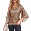 Women Top Shiny Sequin Hollow Out Three Quarter Horn Sleeve Solid Color V Neck Loose Pullover Soft Breathable Lady Commute Prom Blouse