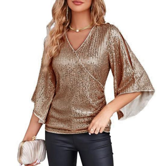 Women Top Shiny Sequin Hollow Out Three Quarter Horn Sleeve Solid Color V Neck Loose Pullover Soft Breathable Lady Commute Prom Blouse