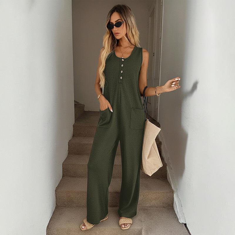 

TEMU2026 Casual Loose Sleeveless Jumpsuit with Button Pocket Details XL армія зелений колір