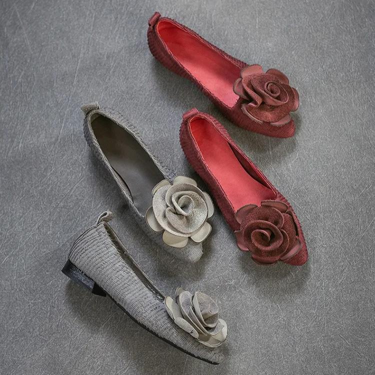 Johnature Genuine Leather Flower Low Heeled Shoes Retro Lightweight And Comfortable Women's Slip-on Shoes