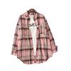 Women's Long Sleeve Plaid Shirt - Korean Style Loose Cotton, Mid-Length, Brushed Retro Jacket, Plus Size for Spring and Autumn.