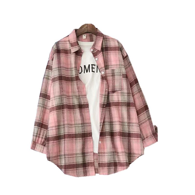 Women's Long Sleeve Plaid Shirt - Korean Style Loose Cotton, Mid-Length, Brushed Retro Jacket, Plus Size for Spring and Autumn.