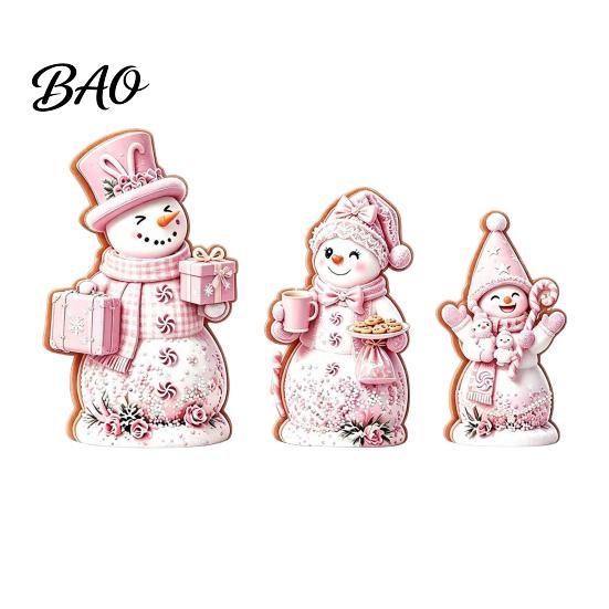 Christmas Gift for Kids 3PCS Snowman Wooden Ornaments, Decorative Cute Festive Figures, Pink And Purple Decor High-definition Printing Crafts Holiday