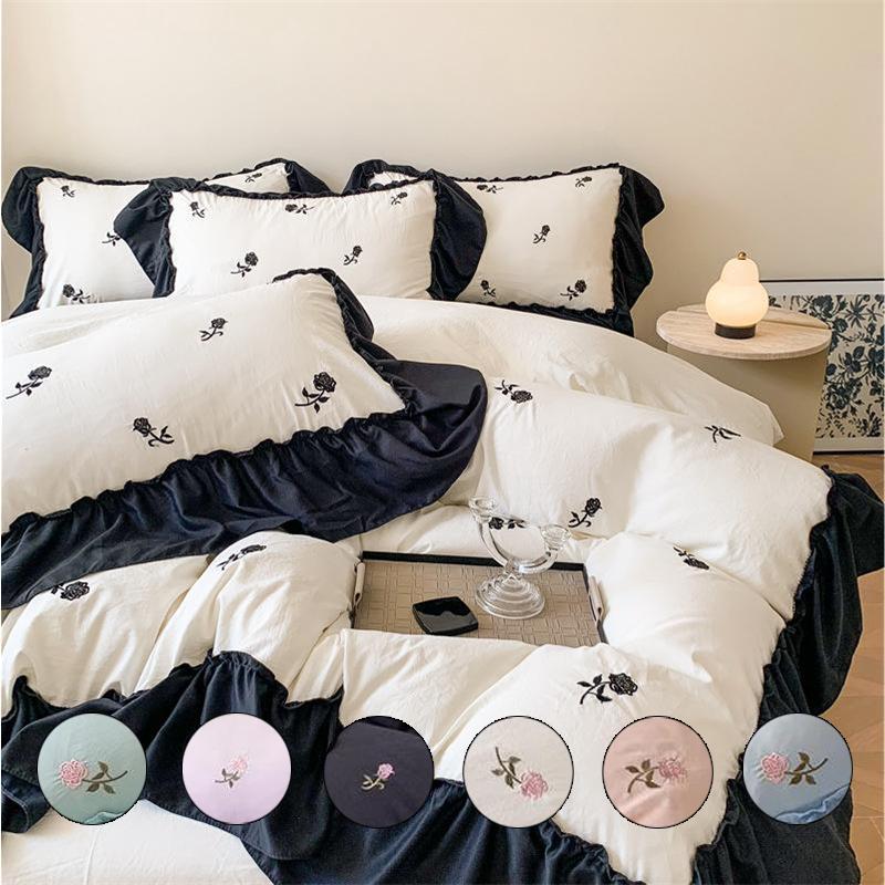 Washed Cotton Bed 4 Piece Set Girls Ruffle Lace Embroidery Duvet Cover Sheet 3 Piece Set