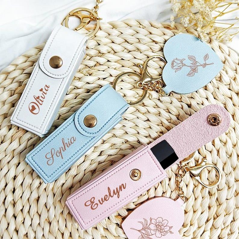 Custom Print Women Mini Portable Lipstick Storage Case Keychain Lipstick Bags With Heart Mirror