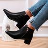 Soft Leather Booties Women's Pointed Toe Spliced Metal Buckle Side Zipper Anti-Slip Wear-Resistant Block Heel Boots