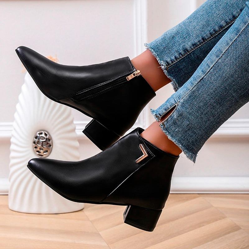 Soft Leather Booties Women's Pointed Toe Spliced Metal Buckle Side Zipper Anti-Slip Wear-Resistant Block Heel Boots