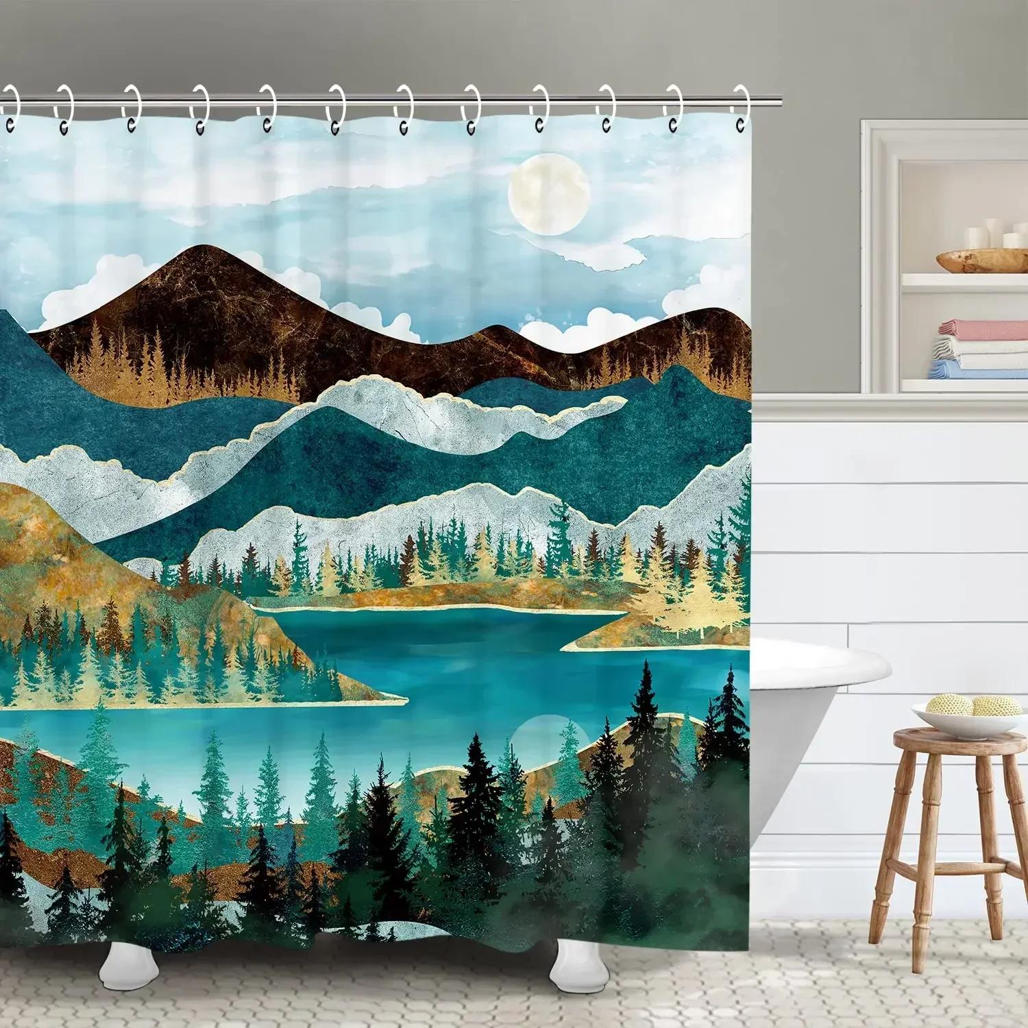 

Mountain Shower Curtain,Teal Bathroom Shower Curtain, Cool Nature Watercolor Misty Forest Sun Sunset Landscape Shower Curtains W60H190(CM)-1 Pcs