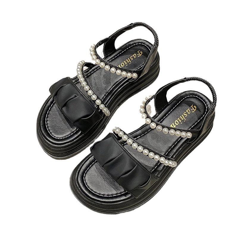 

Women s Sandals 2024 Summer New Fashion Thick Sole, Girl-style Roman Shoes Pearl Wear Soft Sole Casual Women s Shoes, Slippers 42 чёрный