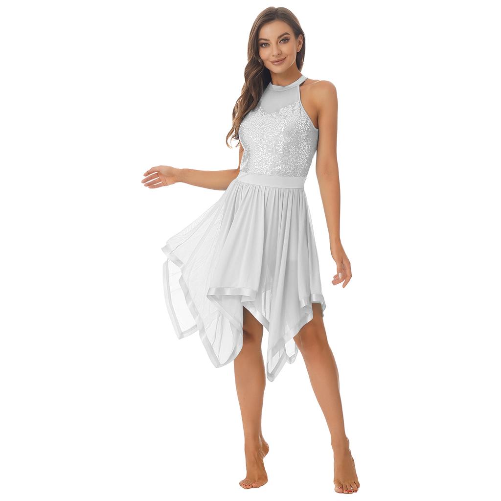 Bayan Parlak Payetler Patchwork Elbise Halter Backless Asimetrik Hem Örgü Elbiseler Dans Performansı Kostüm