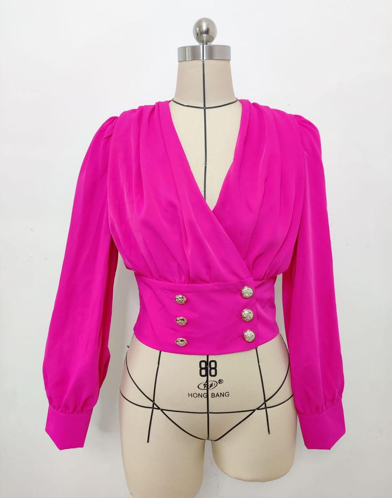 Damen V-Ausschnitt Sexy Langarm Puffärmel Einfarbig Kurzhemd