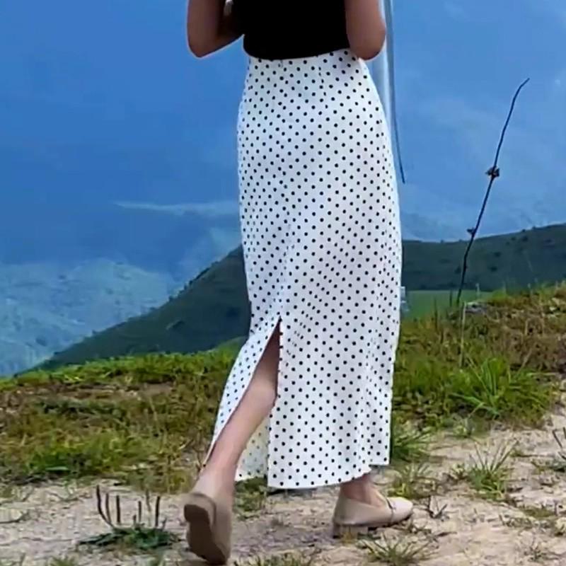 

Women s 2026 Summer White Polka Dot High-Waisted Slit Skirt - Versatile & Slimming Style S [Waist 25 inches, 80-95 lbs]