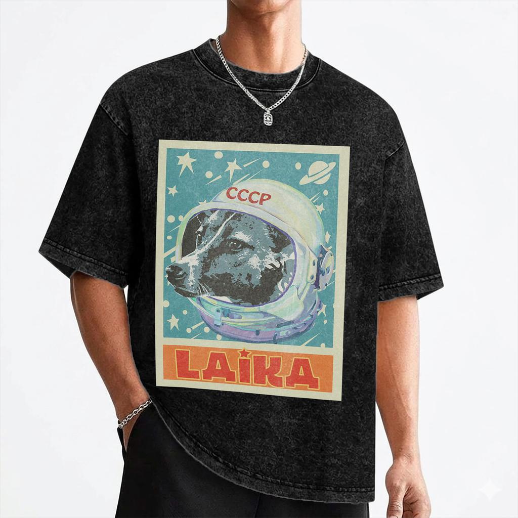 Laika Dog Sputnik Space Dog USSR CCCP T Shirts Washed 100 Cotton TShirt Vintage for Men Women Streetwear Printed Tee Shirt