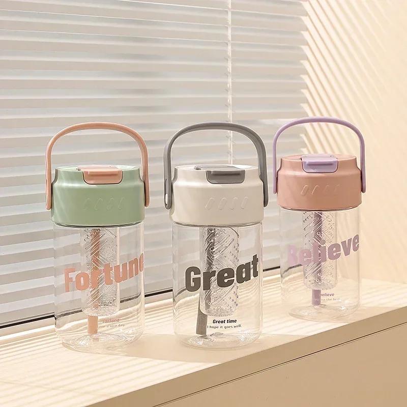 600ml Straw Water Cup with Plastic Strainer Large Capacity Sports Water Bottles High Value Outdoor Camping Handled Drinkware