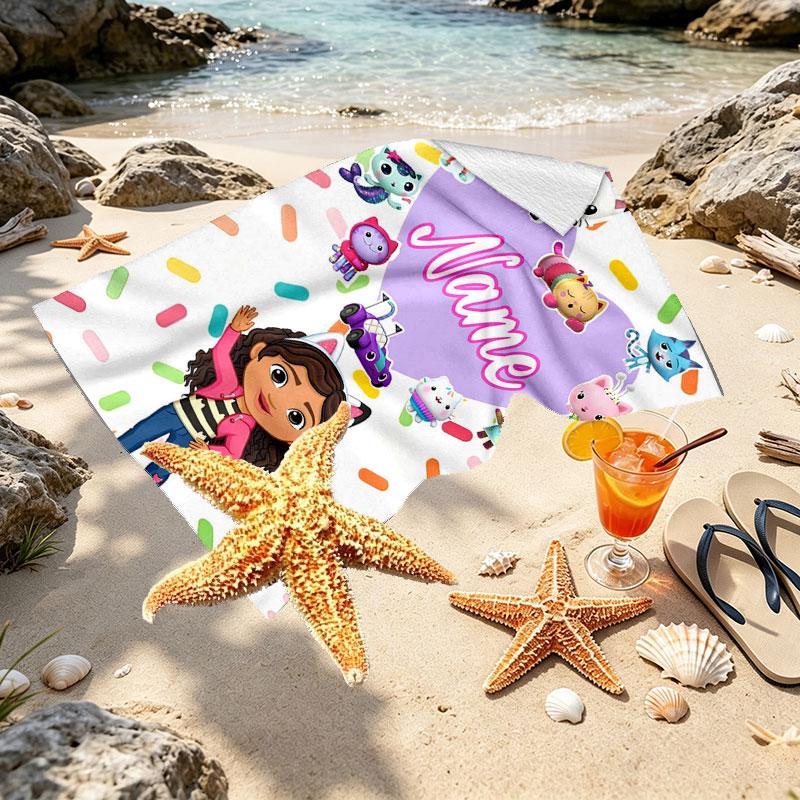 Custom Name Personalized Gabby's Dollhouse Print Beach Towel, for Trip Camping Beach Party Home Decor, Birthday Gift for Family & Friends