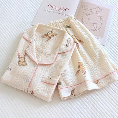 Women's Summer Cotton Crepe Pajama Set with Short Sleeves & Shorts