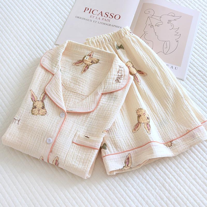 Women's Summer Cotton Crepe Pajama Set with Short Sleeves & Shorts