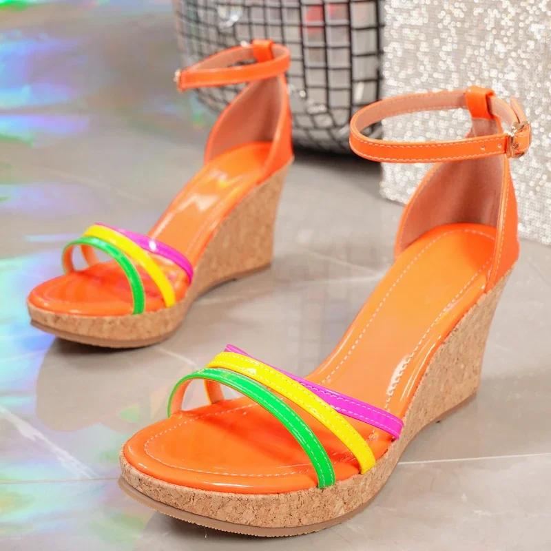 Fashion Narrow Band Mixed Color Platform Sandals Women Ankle Strap Pointed Toe Slide Sandals Fashion Sexy Buckle Non-slip Wedges Sandals
