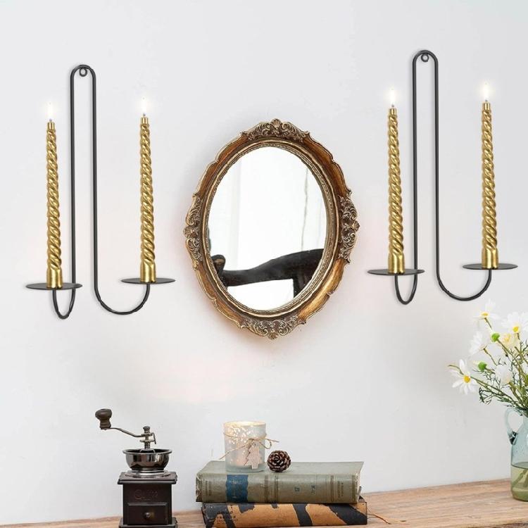 Black Metal Candle Sconces Double Armed Wall Mounted Iron Candle Holders Candlestick for Romance Living Room Decoration
